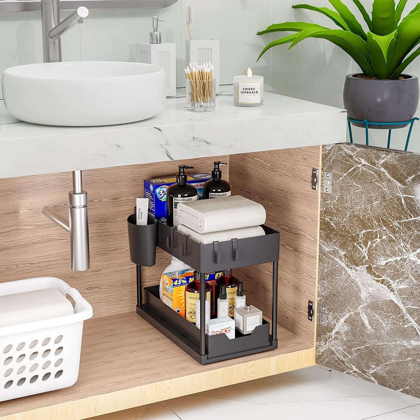 Organizador Multifuncional Plegable de 2 Niveles – Maximiza el Espacio en Cocina, Baño y Gabinetes