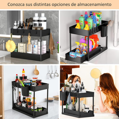 Organizador Multifuncional Plegable de 2 Niveles – Maximiza el Espacio en Cocina, Baño y Gabinetes