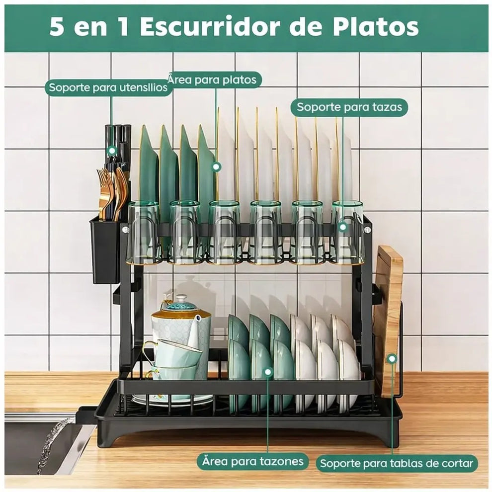 Escurridor De Platos En Acero Inoxidable De 2 Niveles - Ahorrador de Espacio Sin Tornillos