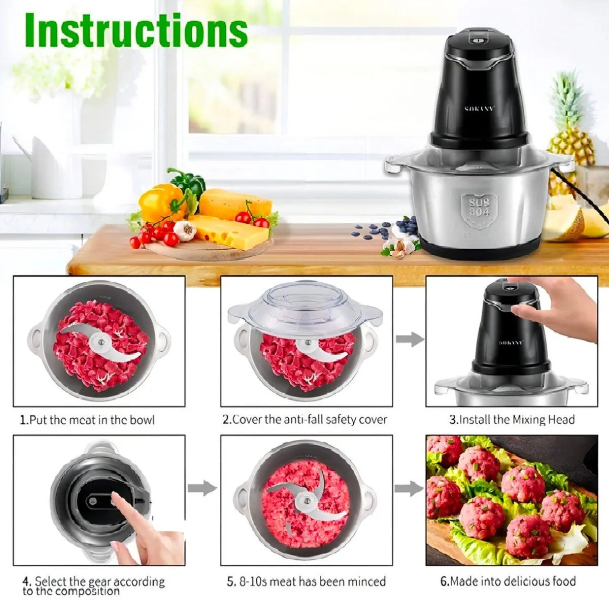 Picatodo Eléctrico Multifuncional | 2L Acero Inoxidable 850W